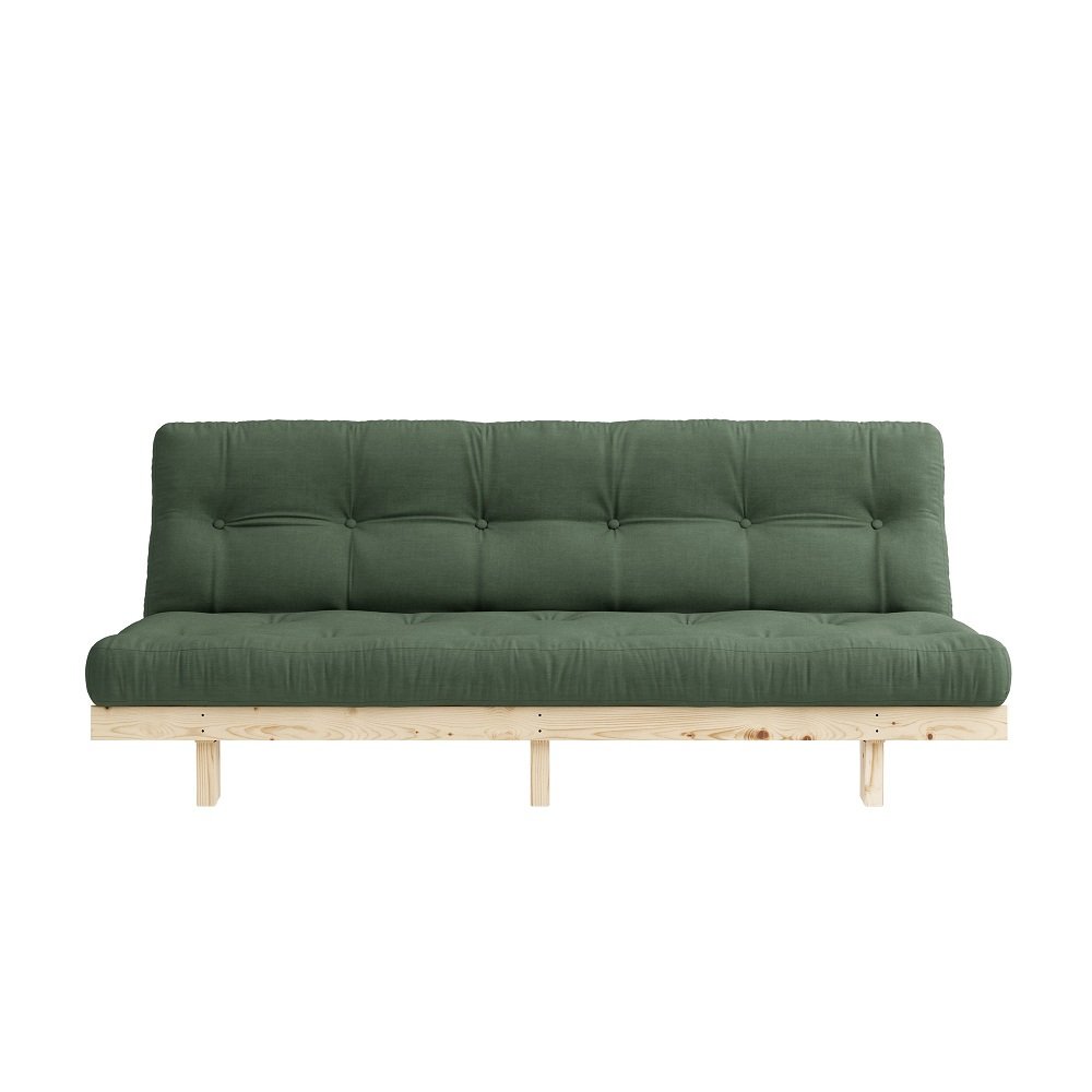 Banquette convertible futon LEAN pin coloris vert olive couchage 130*190 cm.